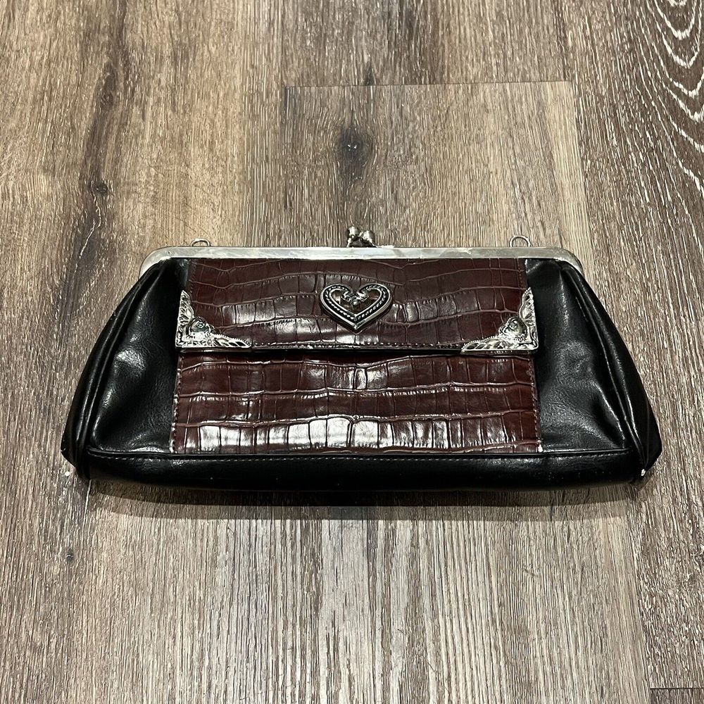 Vintage 90s Faux Reptile Leather Clutch Wallet Silver Heart Coquette Fairy Brown
